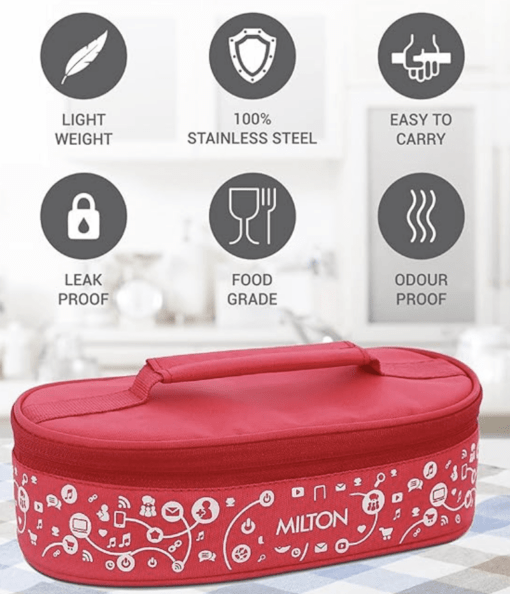 Milton Lifestyle Lunch Stainless Steel Lunch Box, Set of 2, (300 ml Each), Red | Light Weight | Easy to Carry | Leak Proof | Food Grade | Odour Proof - Image 2